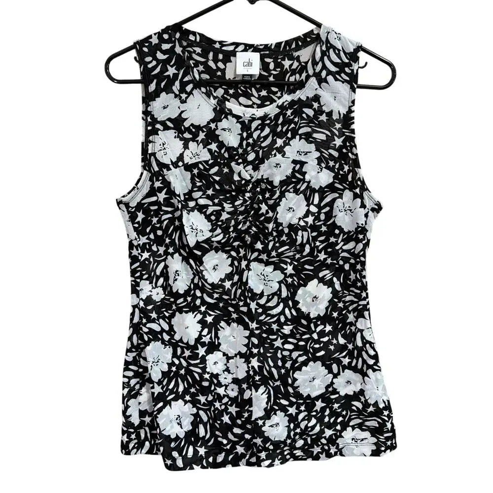 Cabi Womens Blouse Black Gray Floral Round Neck Sleeveless Sheer Stretch Small